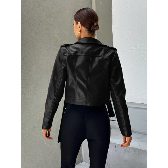 minimalist y2k baddie Zip Up Belted vegan leather Moto Jacket black - Picture 2 of 5